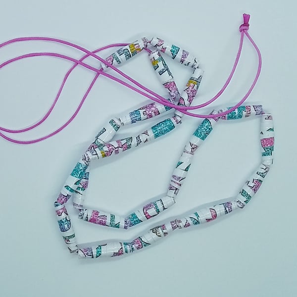 Handmade halloweiner pink and white paper bead necklace