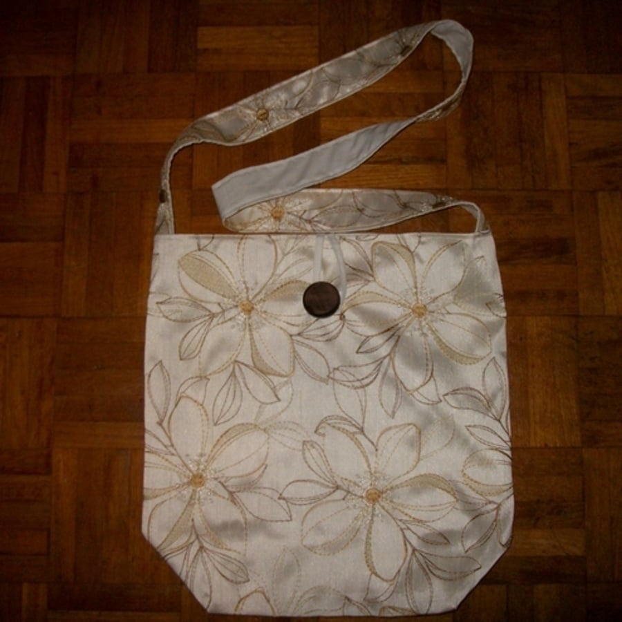 Shoulder Bag with  Embroidered Flowers on Cream Satin. Cross Body Bag