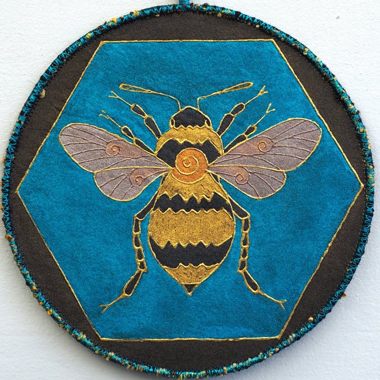 BEE06-Bee Mandala Wall Hanging-17.5cm diameter-Dark Turquoise-Dark Brown-Gold