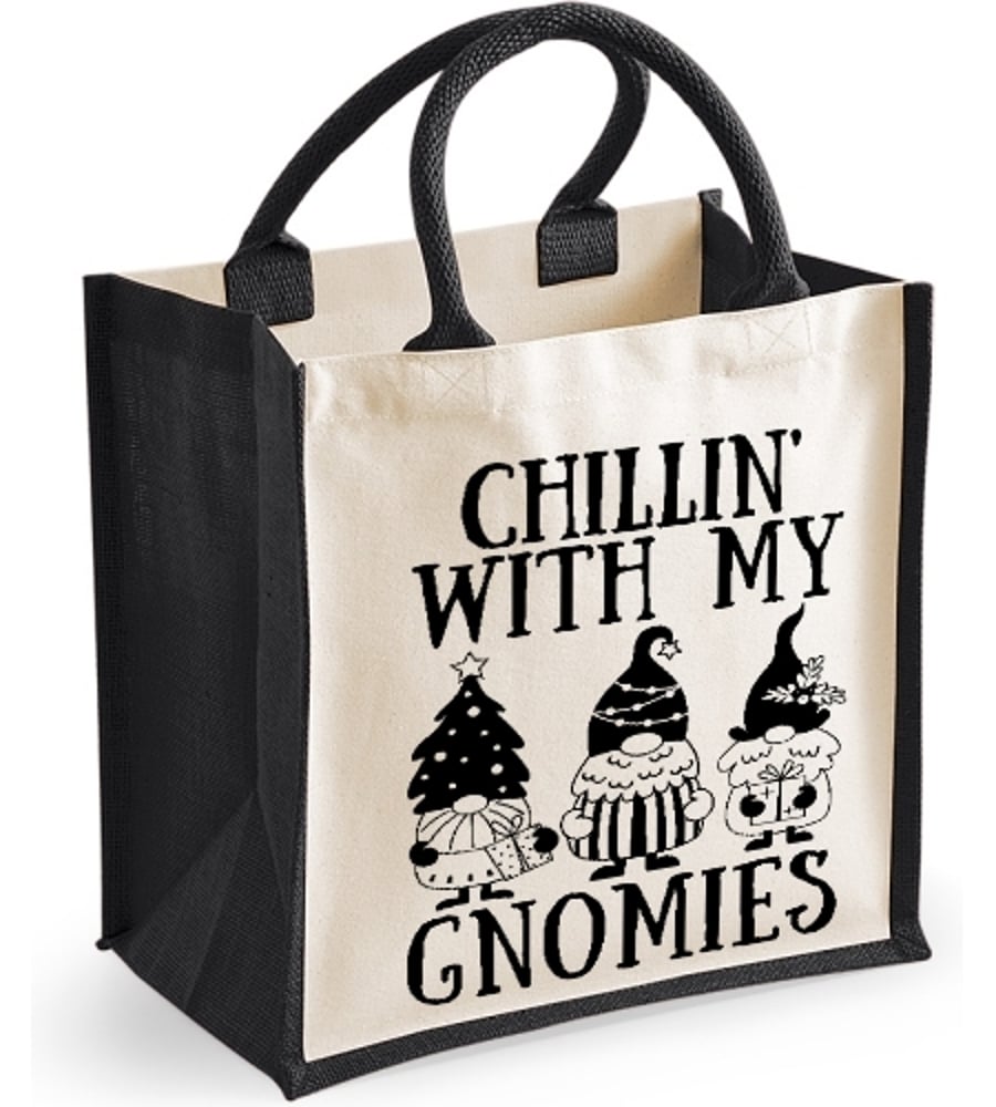 Chillin With My Gnomies-  Christmas Midi Jute Bag 