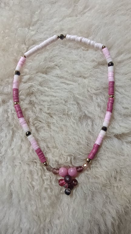 "Delicate Rose" - Unique stretchy polymer clay & bead necklace - plum, pink,gold