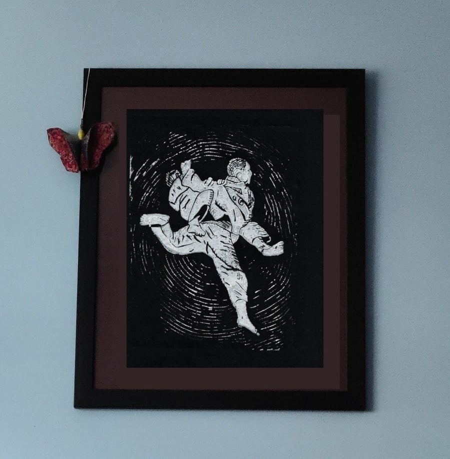 Handmade Uchi Mata Judo Throw Lino Print Martial Arts Wall 