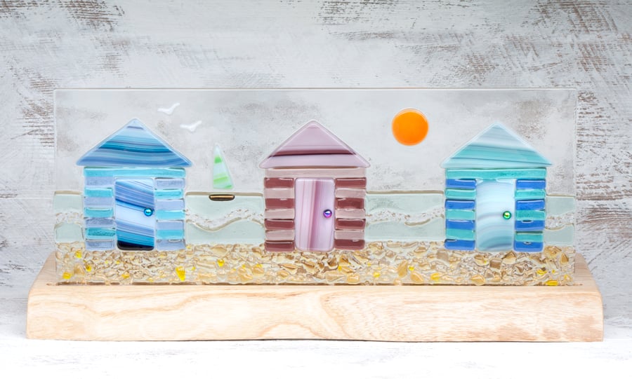 Beach Huts - Fused Glass Panel set in an Oak Tealight Holder