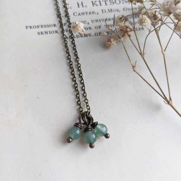 Green Aventurine Gemstone Cluster necklace - gem on bronze - Spring jewellery