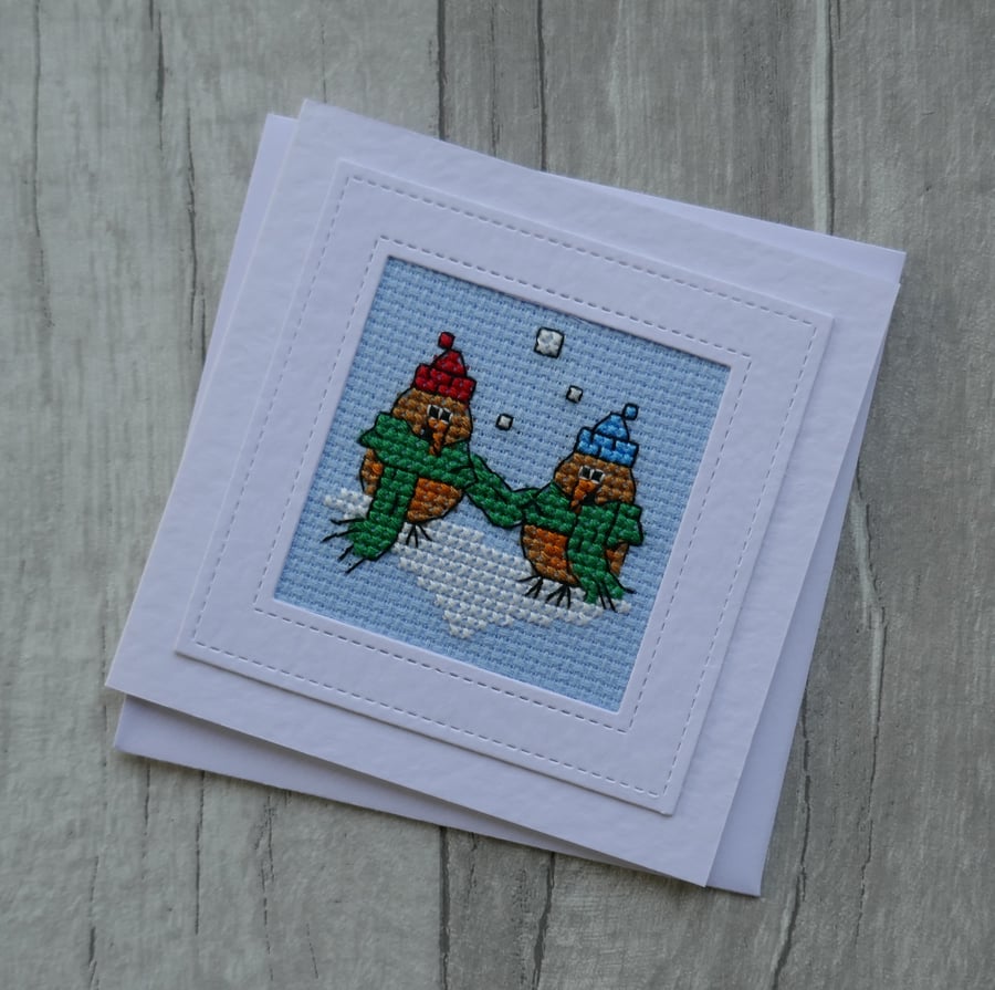 Cross Stitch Robins with Green Scarf - Christmas Card