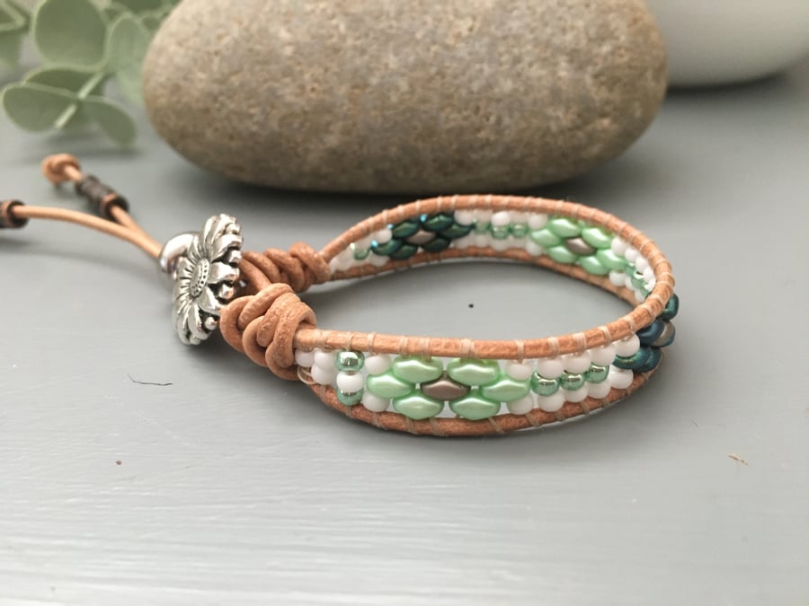 Bracelet, Boho handwoven beaded leather wrap bracelet 