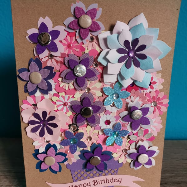 Purple and pink flowers - Luxury keepsake handmade flower boxed greeting card 