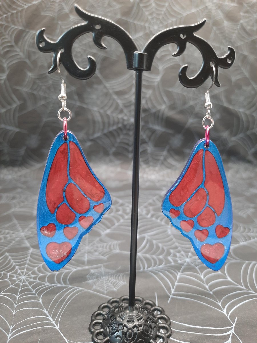 Glitter Fairy Wing Dangle Earrings, 925 Silver, Blue & Red Heart
