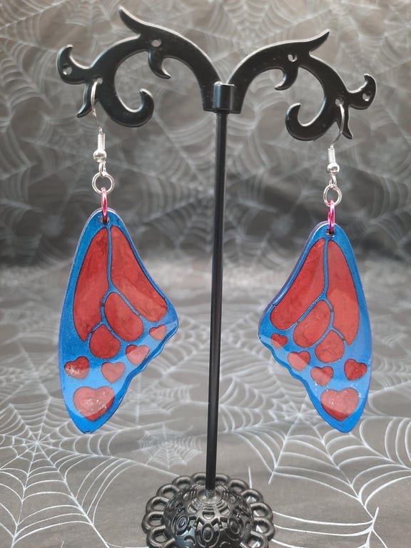 Glitter Fairy Wing Dangle Earrings, 925 Silver, Blue & Red Heart