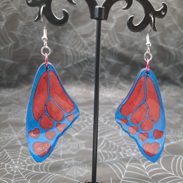 Glitter Fairy Wing Dangle Earrings, 925 Silver, Blue & Red Heart