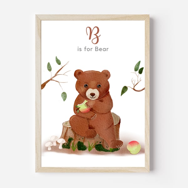 Cute Brown Bear Woodland Animal Nursery Wall Art Decor Print