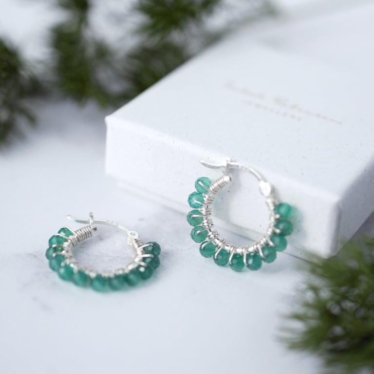 Green Onyx Gemstone Hoop Earrings - Handmade Silver Jewellery 