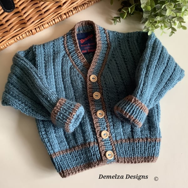 Hand Knitted Baby Boys Cardigan Size 9-18 months 