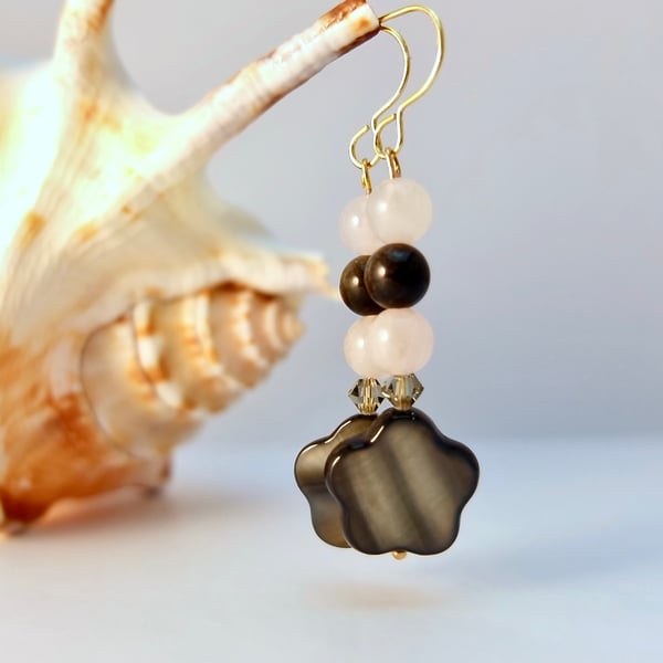 Mother Of Pearl, Rose Quartz And Obsidian Earrings - Seconds Sunday