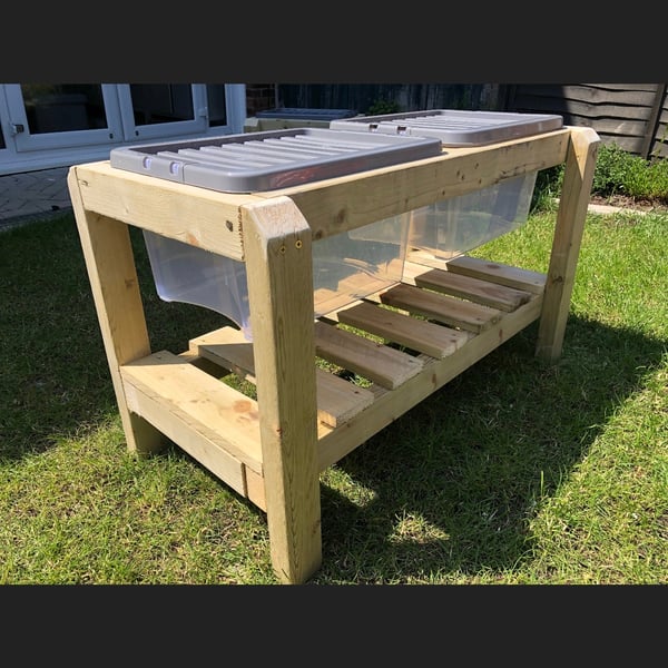 Sand Water Trays and Workbench for outdoor imaginative play.