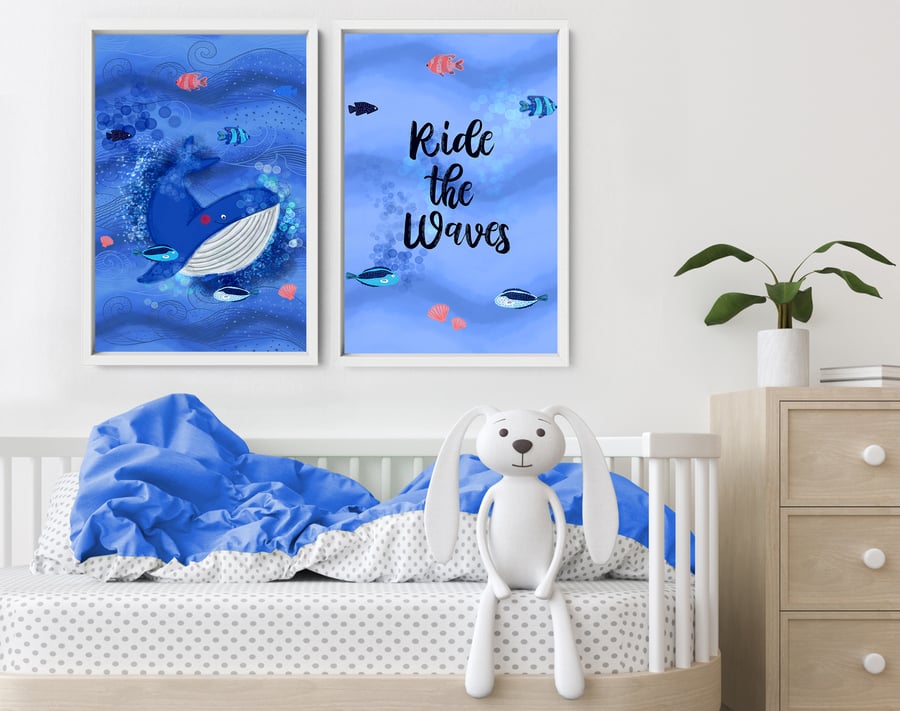 Sea themed nursery decor for baby boys, Set of 2 custom name Whales prints, Unde