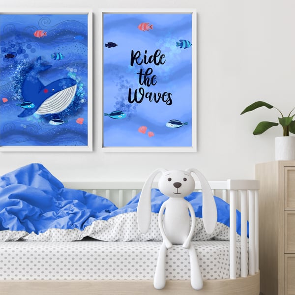Sea themed nursery decor for baby boys, Set of 2 custom name Whales prints, Unde