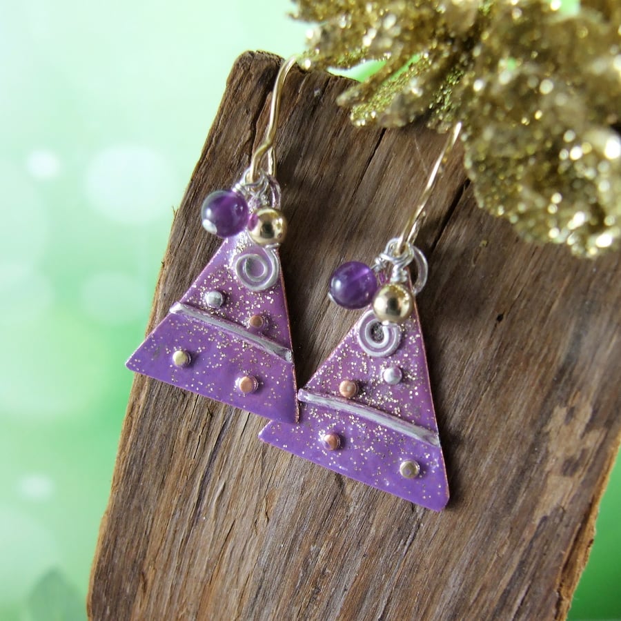 Christmas Earrings, 14ct Gold Filled and Copper with Purple Enamel