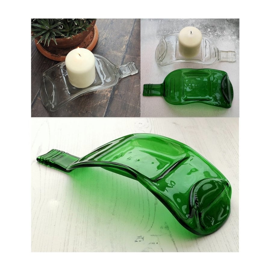 Handmade Fused Glass Recycled Wine Bottle Candle Holder Squashed Slumped Bottle 