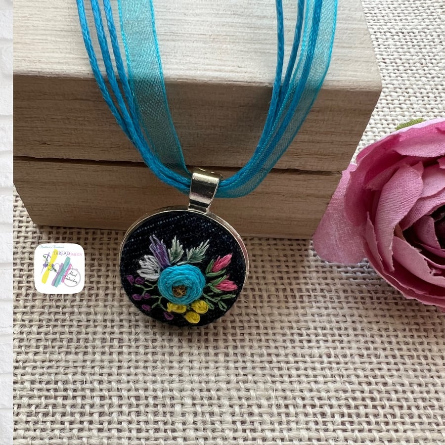 Hand embroidered pendant, round silver colour pendant, rose pendant, handmade ne