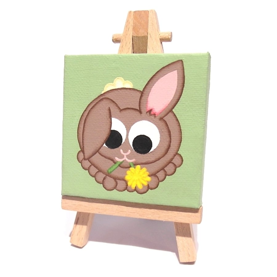 Rabbit with Flower Painting on Mini Canvas with Easel - small Easter gift