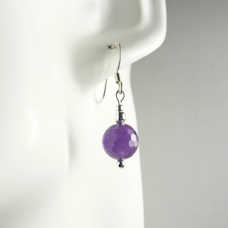 Amethyst natural stone drop earrings, sterling silver, 8mm, purple faceted