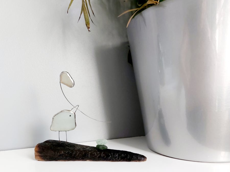 Cute Sea Glass Bird With Heart Balloon On Driftwood, Gift For The Home, Ornament