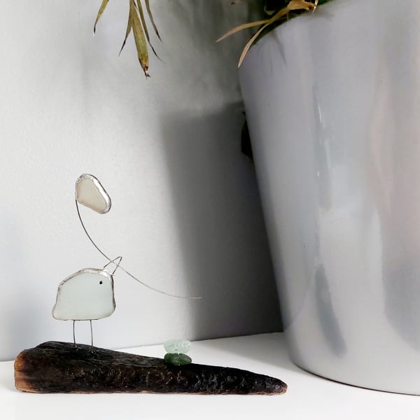 Cute Sea Glass Bird With Heart Balloon On Driftwood, Gift For The Home, Ornament