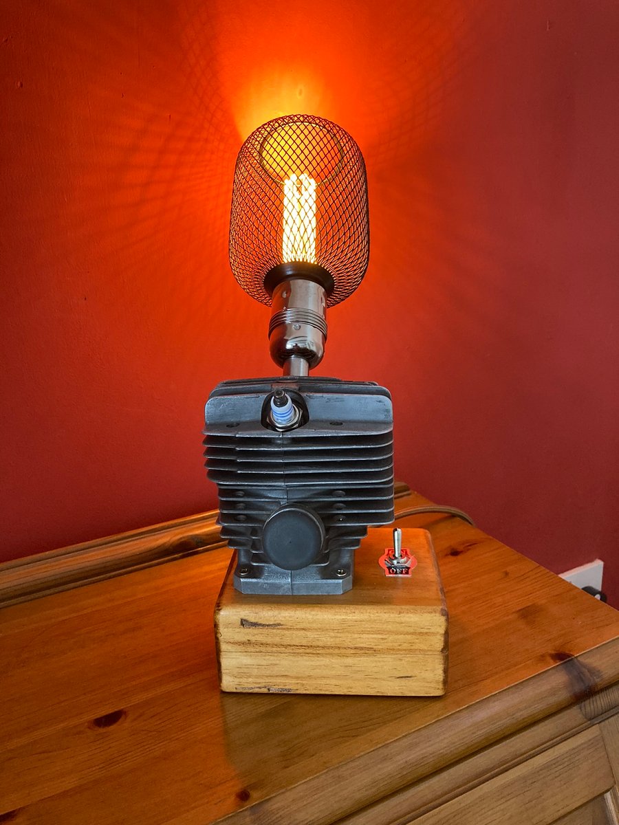 Engine Table Lamp, Chainsaw Cylinder with Mesh Caged Bulb