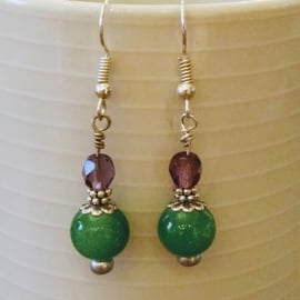 Green and plum bead earrings