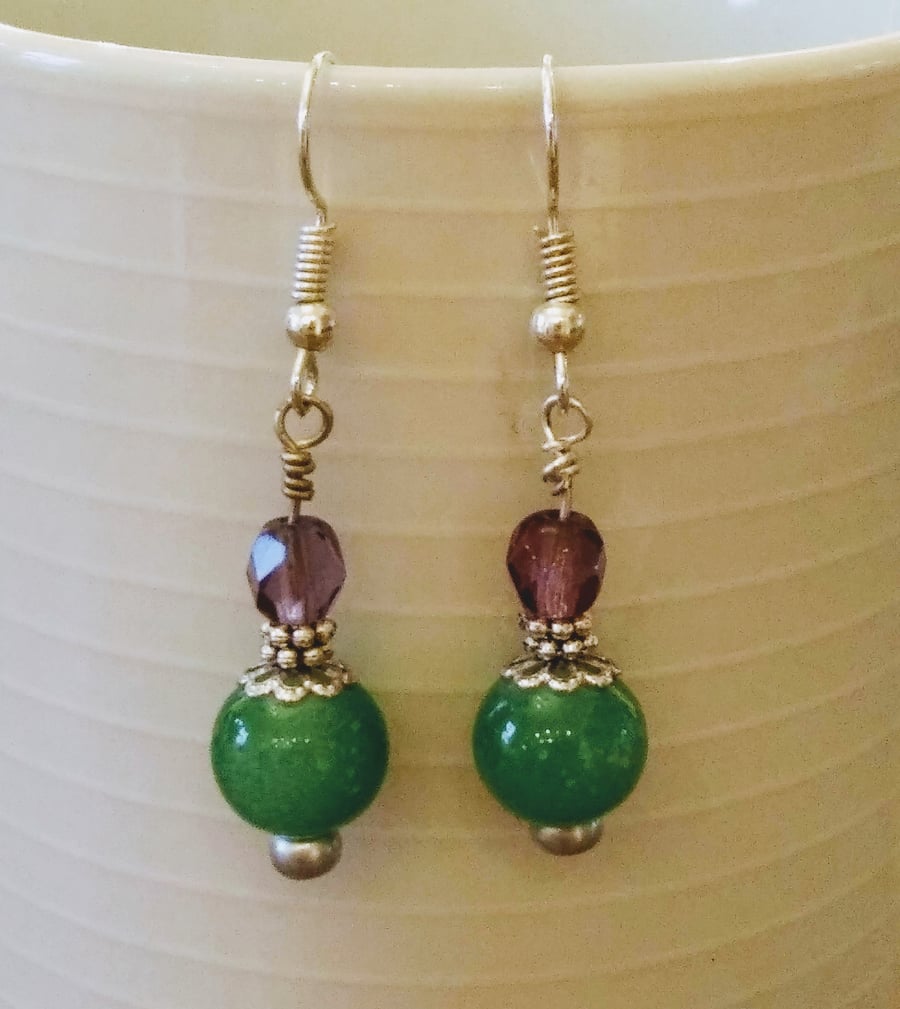 Green and plum bead earrings