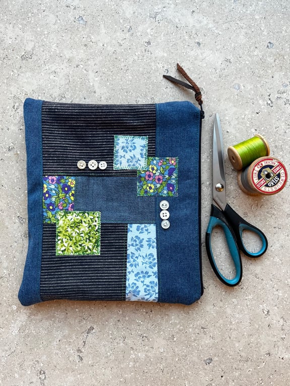 Patchwork zip pouch bag - reclaimed materials, liberty floral