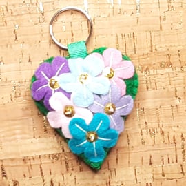 Multi Coloured Flowers on a Heart, Felt Keyring