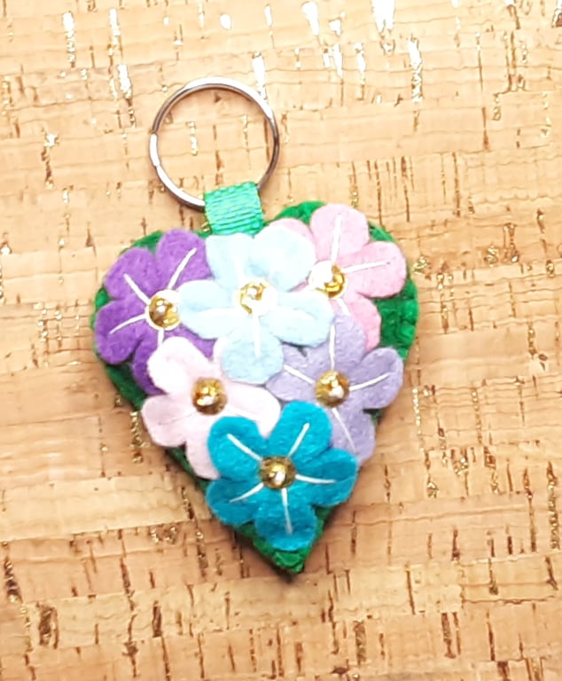 Multi Coloured Flowers on a Heart, Felt Keyring