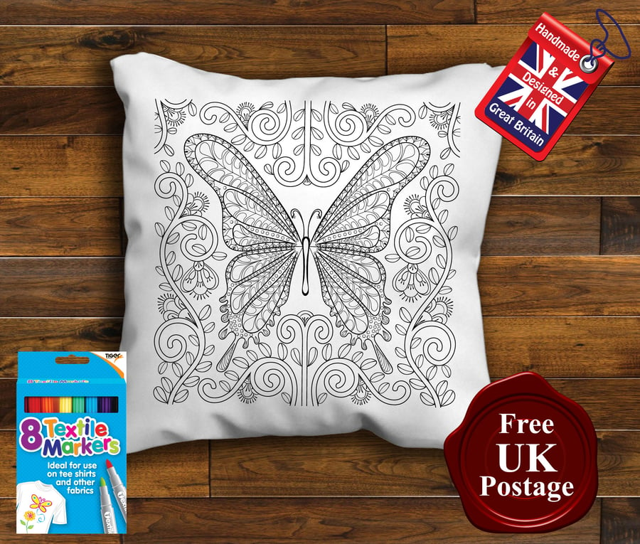Butterfly Colouring Cushion Cover, With or Without Fabric Pens Choose Your Size