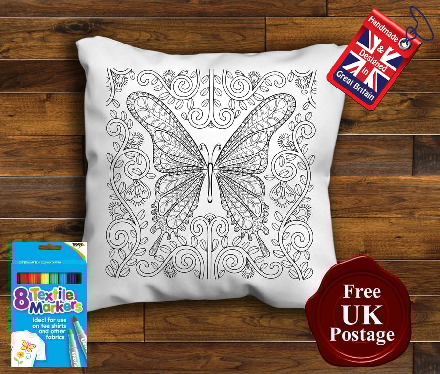 Butterfly Colouring Cushion Cover, With or Without Fabric Pens Choose Your Size