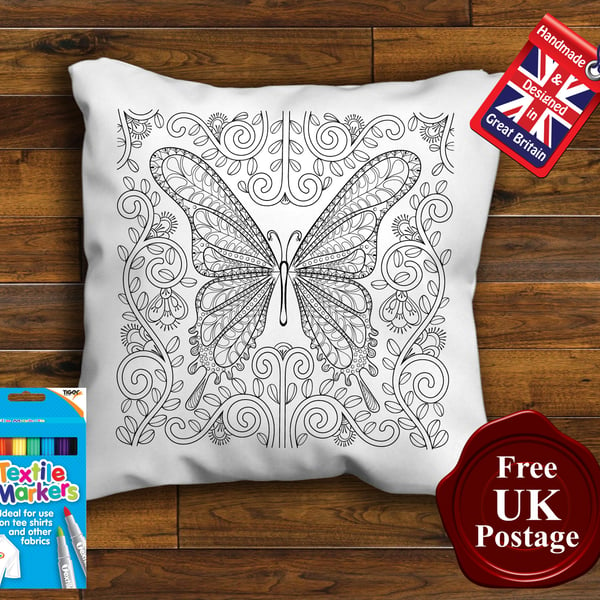 Butterfly Colouring Cushion Cover, With or Without Fabric Pens Choose Your Size