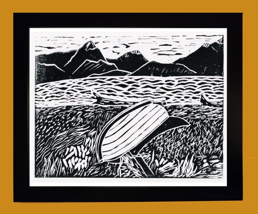 Boat on a Lake Shore  in Patagonia. Unique Lino Print Landscape art