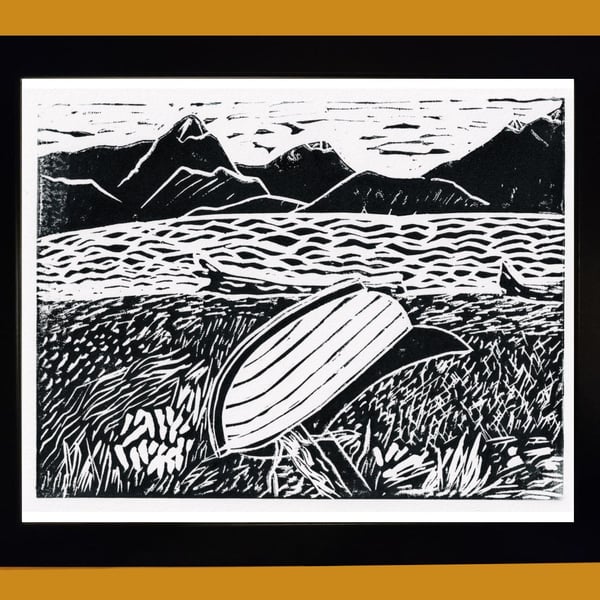 Boat on a Lake Shore  in Patagonia. Unique Lino Print Landscape art