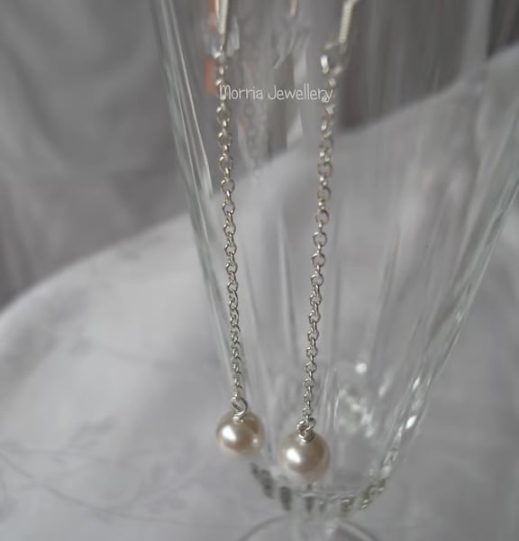 Pearl on Sterling Silver Chain Long Drop Earrings