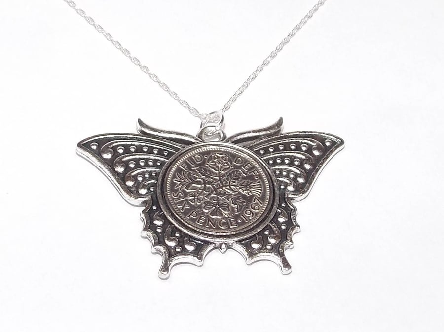 Butterfly Pendant 1960 Lucky sixpence 61st Birthday plus a Sterling Silver 18in 