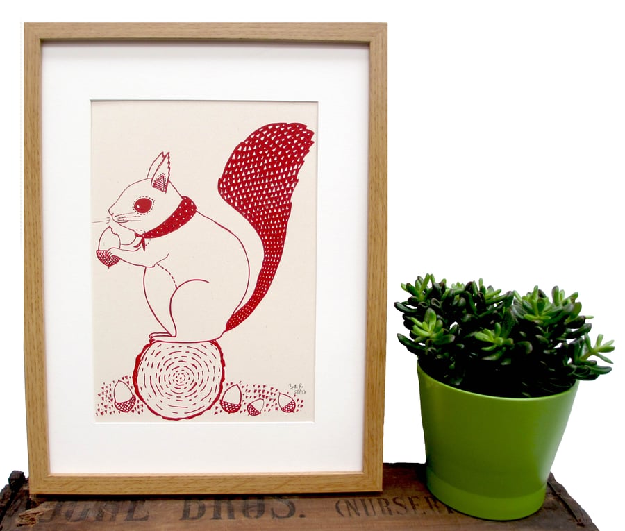 Art Print 'Susie the Squirrel' A4 Screen printed with eco friendly inks. SALE