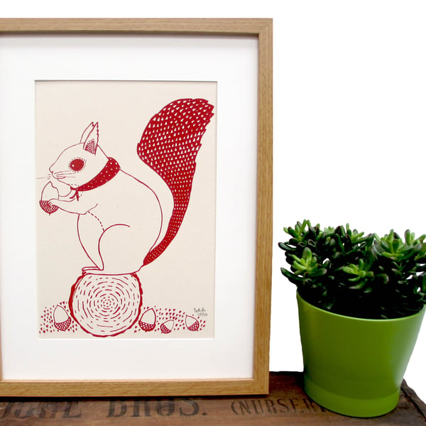 Art Print 'Susie the Squirrel' A4 Screen printed with eco friendly inks. SALE