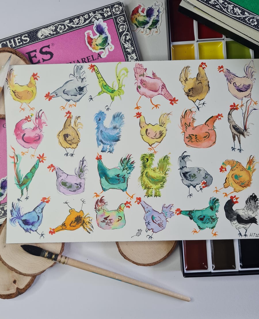 Original hand painted watercolour funny chicken art