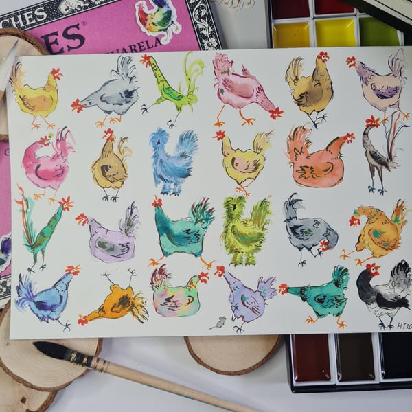 Original hand painted watercolour funny chicken art