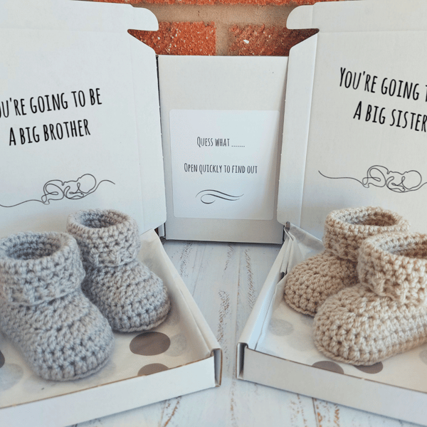 Big Brother or Big Sister Pregnancy Announcement Boxed Booties 