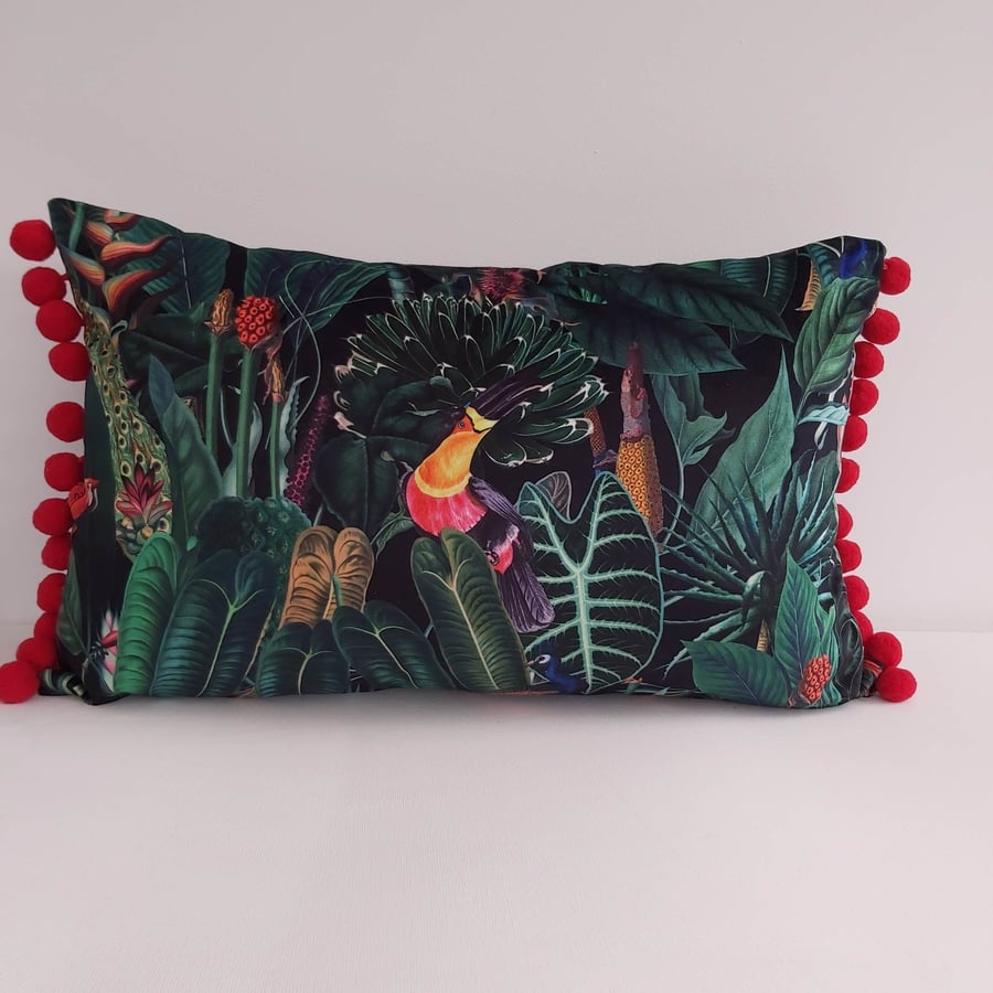 Printed Velvet Jungle Design Cushion Cover with Red Pom Poms
