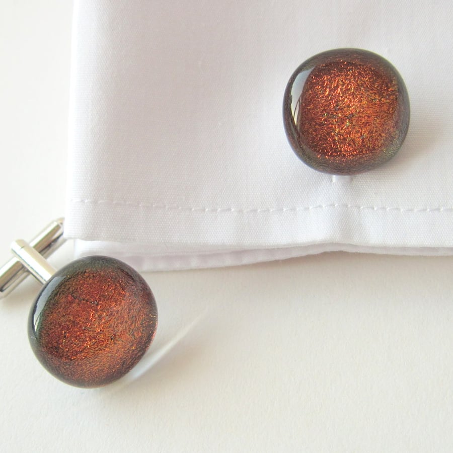  Cufflinks, sparkly copper red fused glass