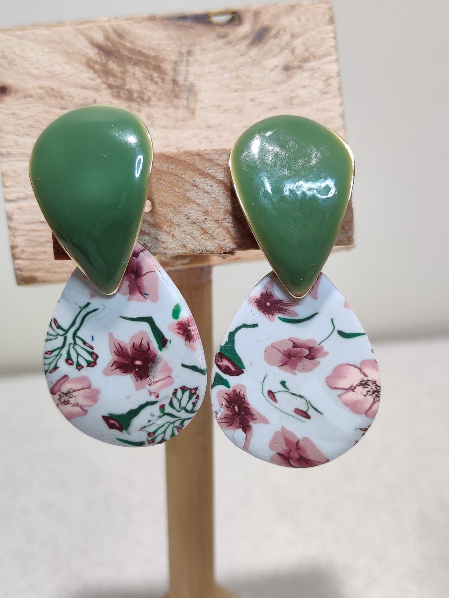 Spring floral enamel stud dangle polymer clay earrings 