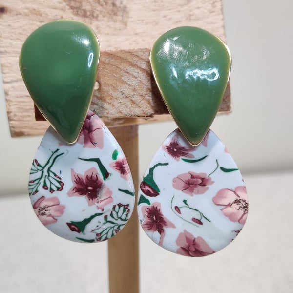 Spring floral enamel stud dangle polymer clay earrings 